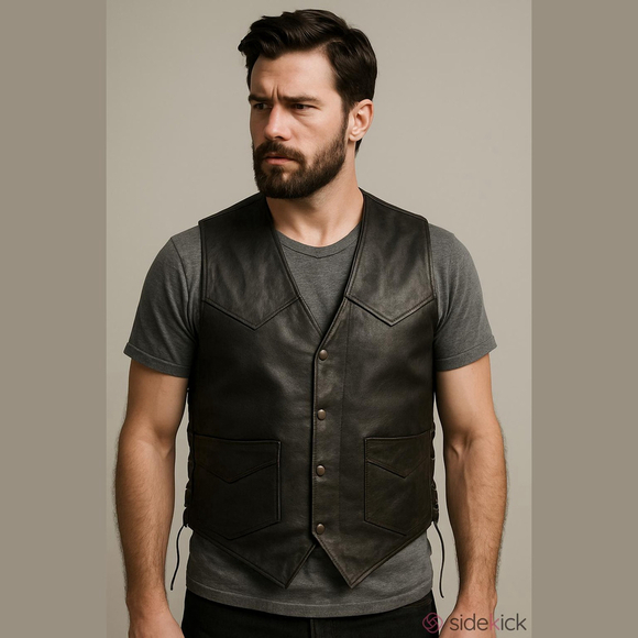 SHAF Other - SHAF Black Leather Vest Size 54 Lace Up Sides Motorcycle Biker